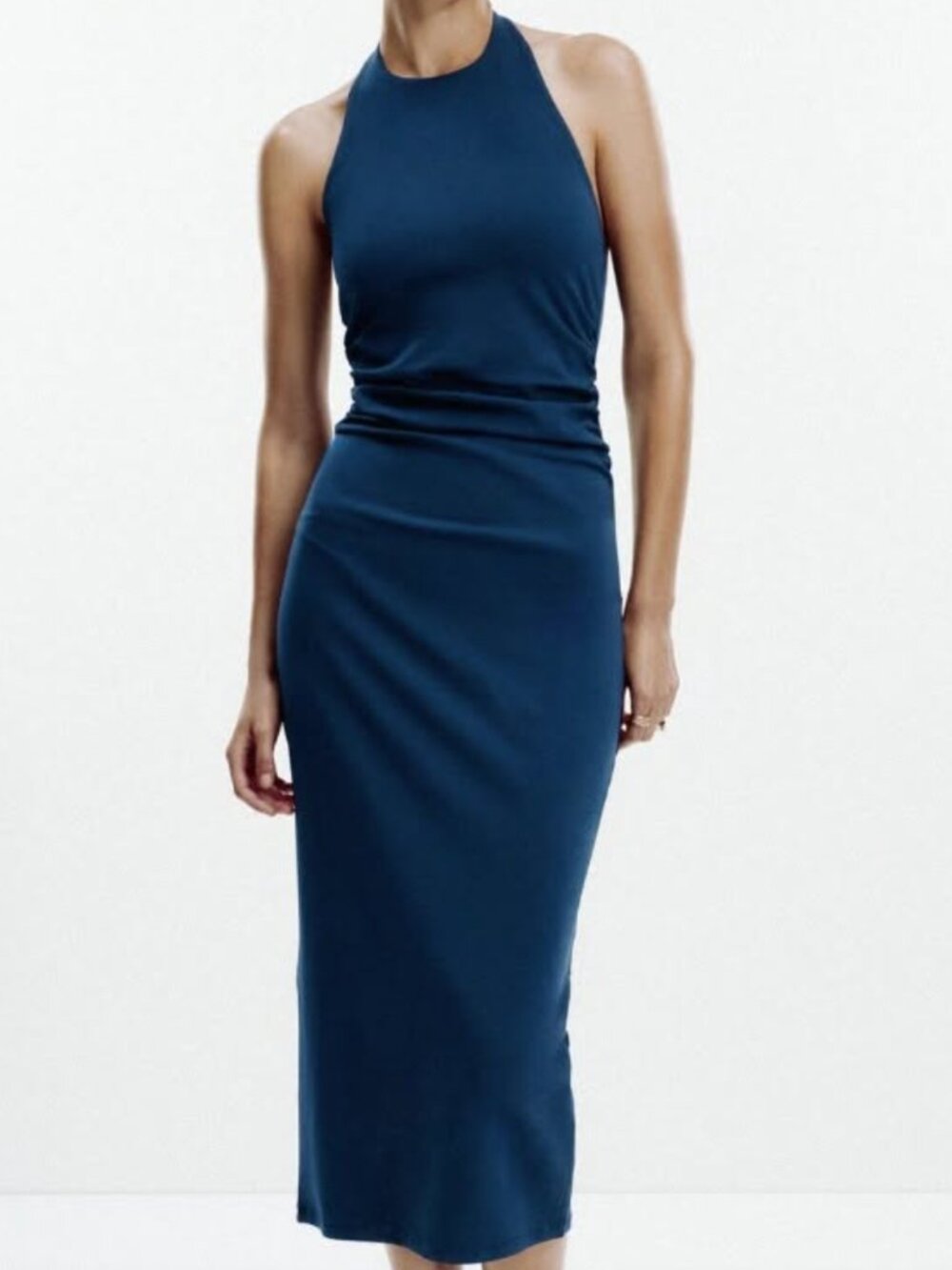 Zara Draped Halter Midi Dress Open Back Side Ruched Deep Blue S NWT